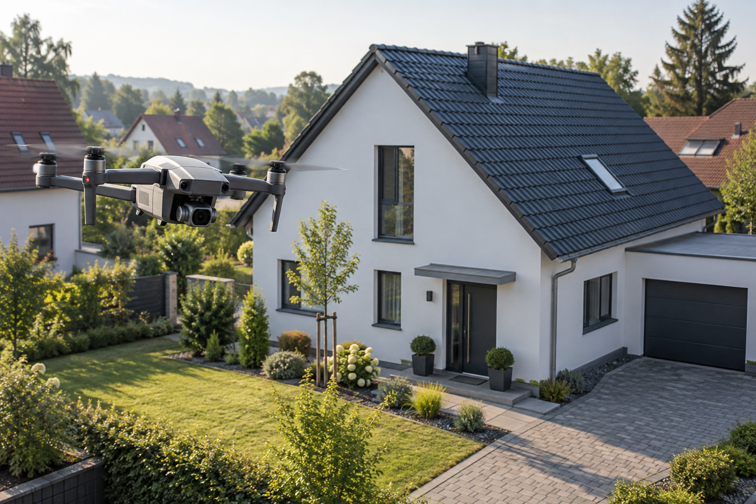 Immobilienaufnahmen mit Drohnen: Recht, Planung und Bildwirkung – KI-generiertes Symbolbild